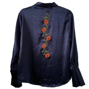Bleuh Ciel Navy Satin Button-Down Shirt – Floral Back Embroidery – Long Sleeve